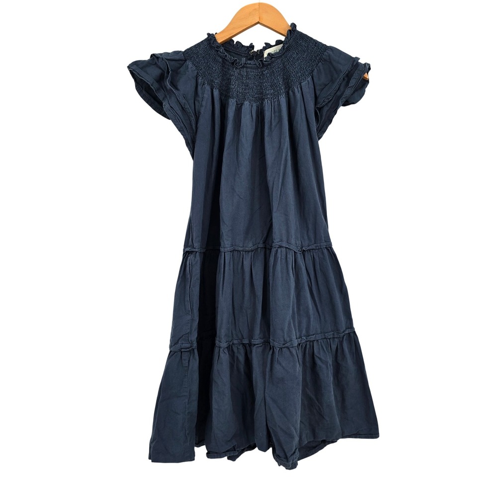 Pants Store Navy Blue Smocked Tiered Mini Dress Womens Cotton Flutter Sleeve